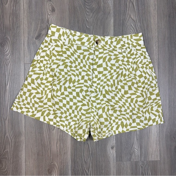 Ghanda Green Check Print Linen Shorts 8 Retro Resort Vibes - Picture 1 of 6